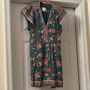 By Anthropologie Mini Dress Ruffle Sleeve V Neck Floral Peasant Print - Sz S